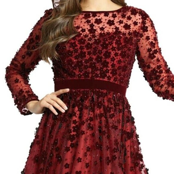 Mac Duggal Floral Applique Cocktail Dress Dark Red Burgundy Velvet Mesh 14 - Picture 7 of 7